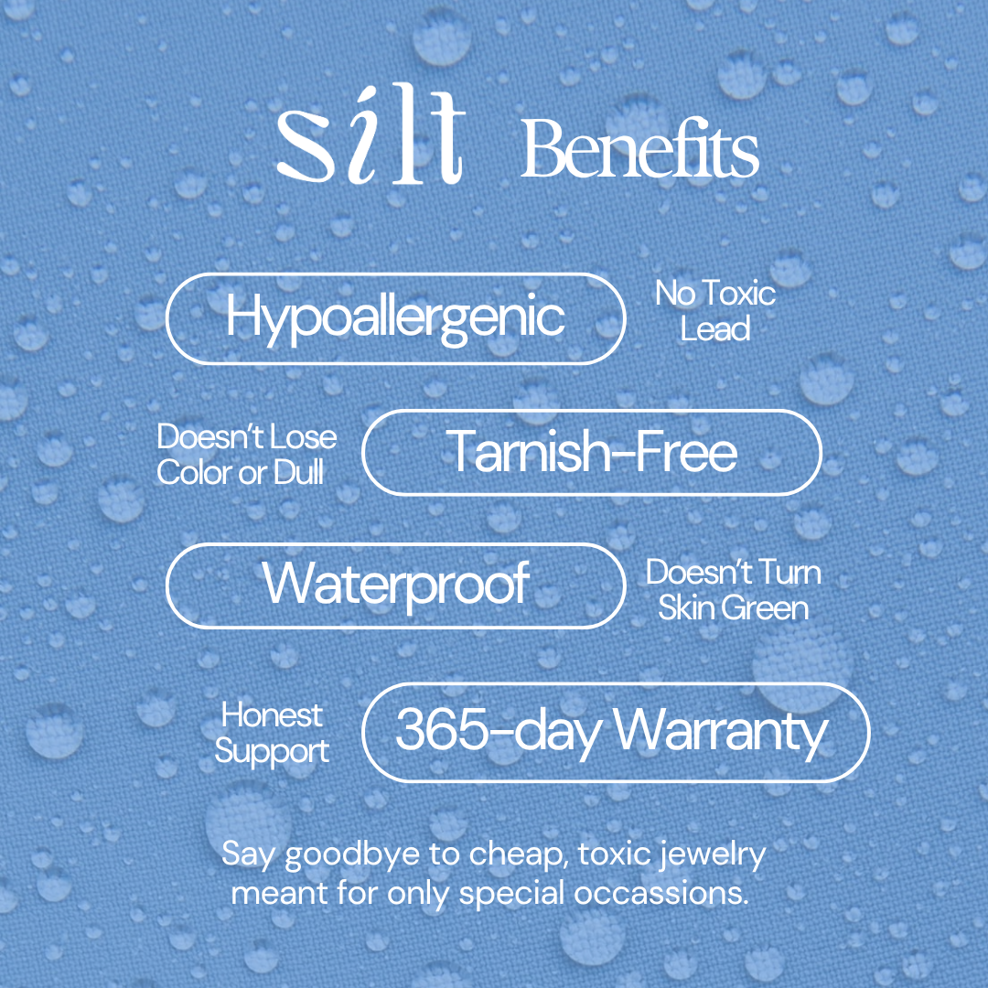 A blue water-droplet graphic with the heading 'silt Benefits' and white text listing product benefits: Hypoallergenic, Tamish-Free, Waterproof, Honest Support, and 365-day Warranty.